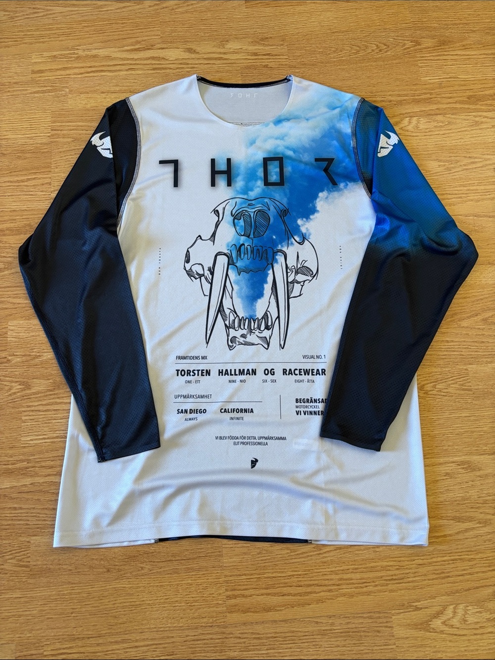 thor Long Sleeve Motocross Jersey in White, Black & Blue